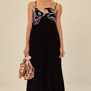 Embroidered Fish Midi Dress in Black